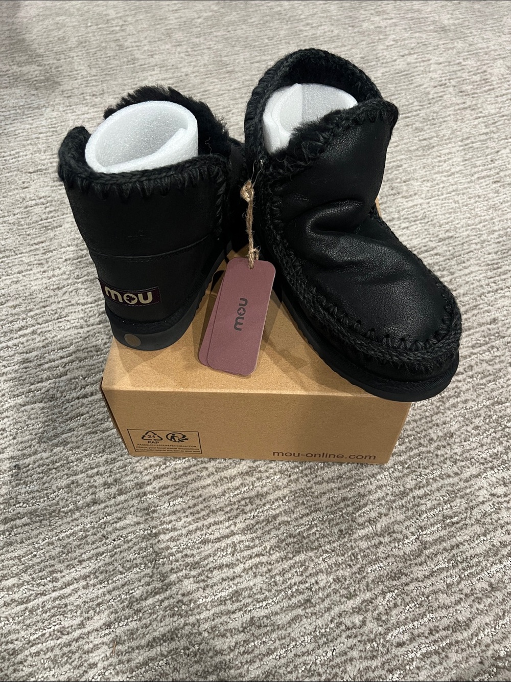 Mou Black Shearling-Trim Leather Ankle Booties